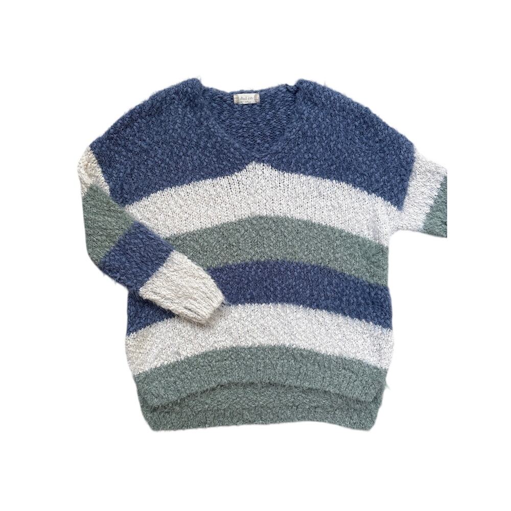 Altar'd State Fuzzy Striped V Neck Sweater Blue Green Cream S/M